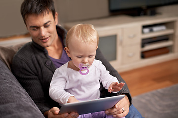 Image showing Search, tablet or father and baby on sofa for cartoon, streaming or gaming while bonding at home. Digital, learning or dad and girl in living room with storytelling app, fantasy or child development