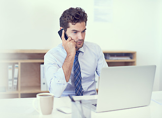 Image showing Man, phone call and laptop in office for conversation with internet search for client loan, discussion or deal. Male person, cellphone and talking in New York for planning, investment or connection