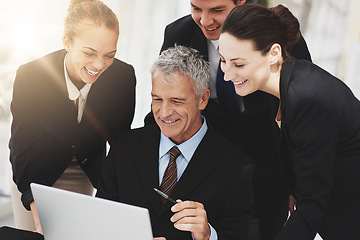 Image showing Team, smile and boss with laptop in office of business plan and meeting with technology. Colleagues, happy and talking to leader of corporate company for collaboration and auditor as career field