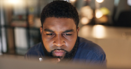 Image showing Business, night and thinking with black man, planning and professional with stress and decision. African person, entrepreneur and consultant with idea and brainstorming with choice and online reading