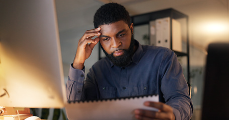 Image showing Businessman, paperwork and thinking in office for planning, idea and review of budget in accounting. Black man, tired and documents with overtime work at night for deadline, report and information