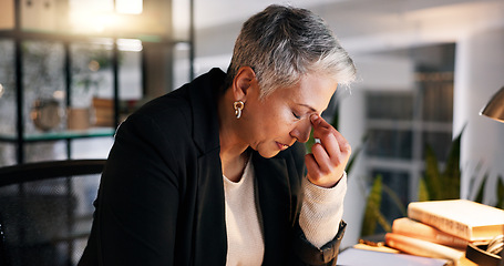 Image showing Night, business and senior woman with headache, stress and burnout with deadline and overworked. Mature person, evening or PR consultant with a migraine or frustrated with audit, crisis or depression