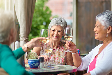 Image showing Lunch, wine and cheers with elderly friends in restaurant for bonding, date and relax. Retirement, hospitality and happiness with group of senior people with drink for social, memory and support