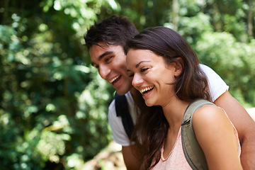 Image showing Happy, hiking and couple in forest laughing for adventure, freedom and explore nature for wellness. Dating, travel and man and woman bonding for outdoor holiday, vacation and trekking for exercise