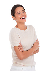 Image showing Happy, portrait and woman laughing with arms crossed in studio with funny, joke or silly humor on white background. Face, smile and female model remember goofy memory, comic or friendly personality