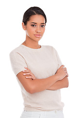 Image showing Fashion, portrait and woman with arms crossed in studio with confidence, attitude and style on white background. Clothes, pride and female model posing with trendy, cool or neutral outfit choice