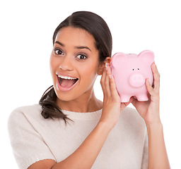 Image showing Wow, portrait and woman with piggy bank in studio for budget, savings or investment growth on white background. Money, box or face of excited model with financial, payment or cashback funding success