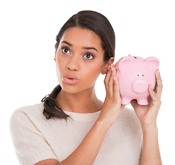 Image showing Face, thinking and woman with piggy bank in studio for budget, savings or investment growth on white background. Money, box or female model with financial, payment or checking cashback funding