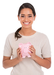 Image showing Happy, portrait and woman with piggy bank in studio for investment, growth for financial freedom on white background. Money, box and model face with cash container for funding, cashback or payment