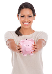 Image showing Portrait, hands and woman with piggy bank offer in studio for investment, growth for financial freedom on white background. Money, box or model with cash container for funding, cashback or payment