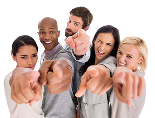 Image showing Business, team and pointing you in studio for join us, recruitment and hiring opportunity. Portrait, excited and group of people, staff or employees for winner, choice and vote on a white background