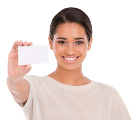 Image showing Business card, portrait and happy woman with mockup in studio with information on white background. Paper, face and female model show space for contact us, details or poster for startup advertising