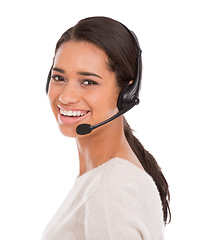 Image showing Call center, portrait or happy woman consulting in studio for contact us, faq or customer service on white background. Telemarketing, crm and female consultant face with loan advice, help or support