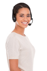 Image showing Portrait, call center and woman consulting in studio for contact us, crm or customer support on white background. Telemarketing, faq and face of female consultant with loan advice, help or assistance