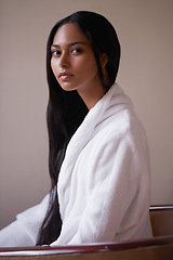 Image showing Spa, beauty and portrait of woman for skincare, wellness and treatment in luxury salon. Resort, hospitality and person for massage, therapy and cosmetics for relax, calm and self care in bathroom