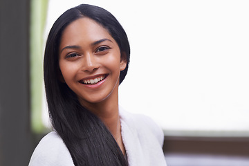 Image showing Spa, happy and portrait of woman for skincare, wellness and beauty treatment in luxury salon. Resort, smile and person for massage, therapy and cosmetics for relax, calm and self care in bathroom