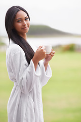 Image showing Spa, coffee and portrait of woman in garden for skincare, wellness and treatment in luxury salon. Resort, happy and person for massage, therapy and cosmetics for relax, calm and self care with drink