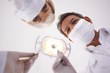 Image showing Dentist, team and portrait of people with light for consulting, teeth whitening and wellness. Healthcare, dentistry and man and woman with tools for dental hygiene, oral care and medical services