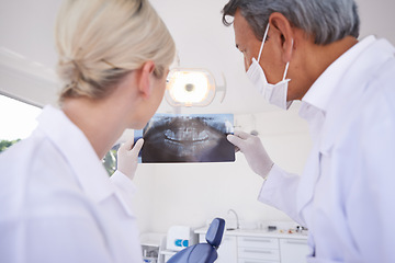 Image showing Dentist, team and people with x ray for consulting, patient analysis and wellness in clinic. Healthcare, dentistry and man and woman with scan for dental hygiene, oral care and medical services