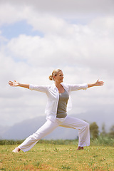 Image showing Happy woman, yoga and pilates on field in nature for outdoor workout, exercise or health and wellness. Female person or yogi stretching body for zen, training or balance in wellbeing on green grass