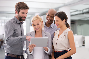 Image showing Business people, group and reading research on tablet with smile for corporate planning, brainstorming or diversity. Collaboration, team and employees with technology, happiness or discussion at work