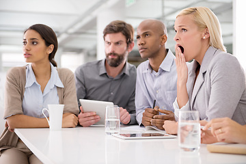 Image showing Corporate, presentation and audience of business people in office for teamwork, collaboration and discussion. Company meeting, workshop and men and women yawn for feedback, review and conversation