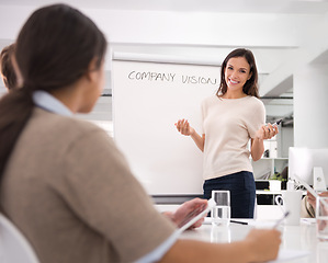 Image showing Businesswoman, presentation and boardroom meeting with project planning or company vision, growth or strategy. Female person, colleagues and notes or brainstorming for proposal, future or startup