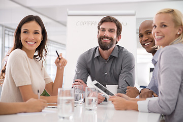 Image showing Corporate, teamwork and business people with tablet in meeting, discussion and conversation for planning. Professional, office and men and women with tech for collaboration, presentation and workshop