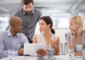 Image showing Business people, teamwork and tablet for planning in meeting with speaker for corporate research, brainstorming or diversity. Collaboration, group and employees with technology and discussion at work