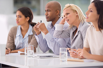 Image showing Meeting, presentation and audience of confused business people for teamwork, collaboration and discussion. Corporate, company and men and women for feedback, thinking and problem solving in office