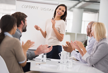 Image showing Presentation, applause and people in business meeting with goal, vision or teamwork celebration. Training, success and team clapping hands for woman speaker with motivation, speech or wow solution