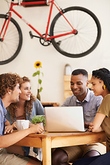 Image showing Business people, planning and happy group on laptop in cafe for remote work in startup. Computer, diverse team or friends in coffee shop for collaboration, meeting or creative designers brainstorming