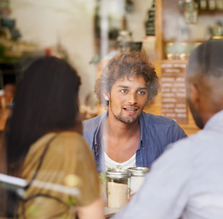 Image showing Conversation, window and friends in restaurant together for bonding, social gathering and lunch. Coffee shop, brunch and group of people relax in cafe for casual chat, drinks and happy discussion.