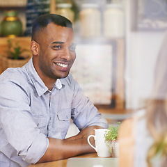 Image showing Coffee, black man and thinking in cafe with woman for date, vacation or morning drink on holiday. Smile, male person and happy in restaurant with girlfriend for bonding, love or break together