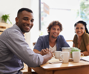 Image showing Coffee shop, friends and portrait of people in cafe for social visit, conversation and chatting. Happy, relax and men and woman with drink, caffeine beverage and cappuccino in restaurant together