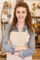 Image showing Portrait, welcome and girl with confidence in cafe for service with happy small business owner. Coffee shop, restaurant or woman deli manager with smile, hospitality or entrepreneur at startup bakery