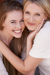 Image showing Portrait, mom and teenager hug in happy embrace, woman and smiling together. Cheerful, Canada girl and mama with love for mothers day, relationship and family bonding with parents and hand on face