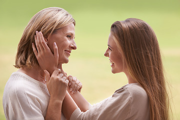 Image showing Women, mother and daughter with embrace, love and mature person with connection, happy and care. Mom, girl and family with bonding, reunion and support with relationship, smile and together by grass