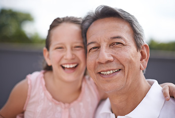 Image showing Happy, portrait and grandpa with girl outdoor on holiday or vacation together in retirement with love. Senior, man and hug grandparent in selfie with child in backyard, garden or relax in Mexico