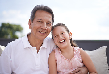 Image showing Happy, grandpa and girl in portrait outdoor on holiday or vacation together in retirement with love. Senior, man and grandparent relax with child in backyard, garden or embrace in Mexico with care