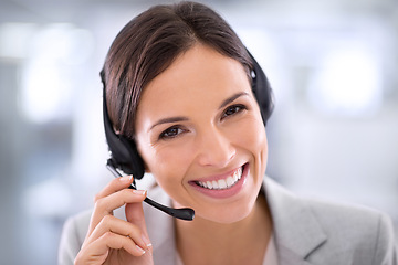 Image showing Call center, woman and happy with portrait in office for customer service, communication or consulting. Businesswoman, headset and technology with smile for support, telemarketing or help for clients