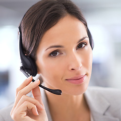 Image showing Call center, woman and portrait for telemarketing and communication with headset, microphone and contact us. Customer support, employee and face with consulting, help desk and advisor in workplace