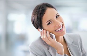 Image showing Professional, networking and happy phone call with woman in office with communication of investment. Investor, portrait and smile on smartphone with information for client on stocks, news or finance