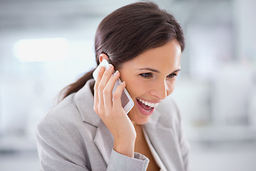 Image showing Professional, thinking and happy phone call with woman in office with communication on investment. Investor, smile and networking chat on smartphone with information for client on stocks or finance