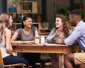 Image showing Friends, relax with people at cafe and conversation for bonding, diversity and trust outdoor in San Francisco. Support, loyalty and friendship date in coffee shop for social gathering or reunion