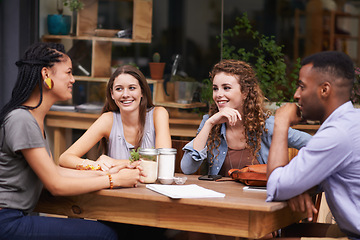 Image showing Friends, people relax at coffee shop and happy with reunion for bonding and conversation in Amsterdam. Social gathering at sidewalk cafe, trust and support with friendship date for connection