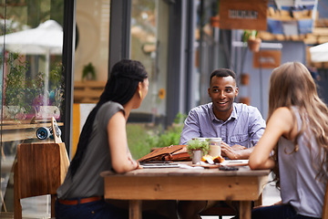 Image showing Friends, relax with people at coffee shop and conversation for bonding, diversity and trust outdoor in San Francisco. Support, loyalty and friendship date at cafe for social gathering or reunion