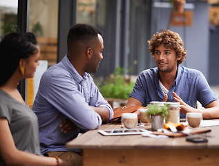 Image showing Friends, relax with people at cafe and bonding with conversation, diversity and trust outdoor in San Francisco. Support, loyalty and friendship date in coffee shop for social gathering or reunion