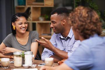 Image showing Friends, people relax together at coffee shop and bonding with conversation, diversity and trust outdoor in San Francisco. Support, loyalty and friendship date at cafe for social gathering or reunion