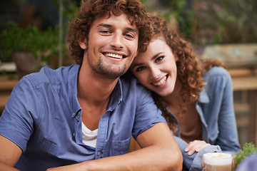 Image showing Happy, love and portrait of couple at coffee shop on romantic, anniversary or morning date. Smile, positive and young man and woman bonding at cafeteria or restaurant for cappuccino together.
